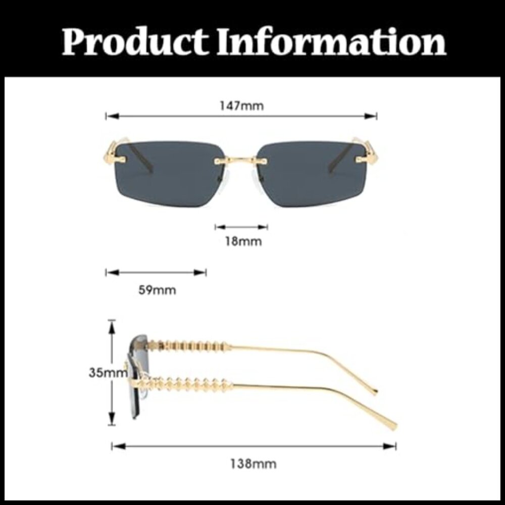 Rimless Rectangle Sunglasses Retro Square Framele… - image 4